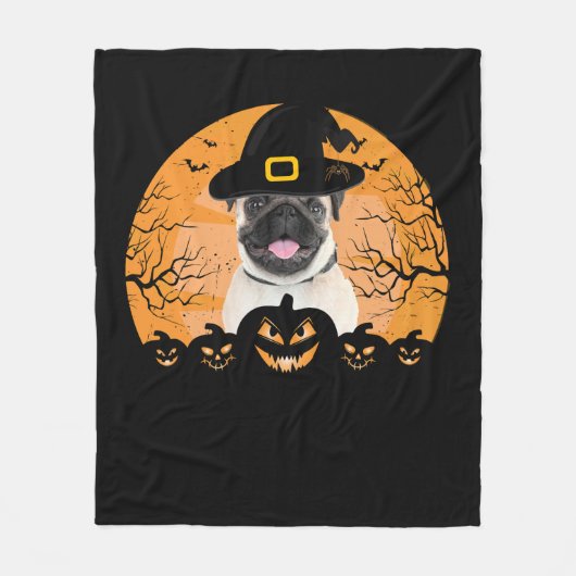 Pug Witch Hat Jack-o-Lantern Dogs Halloween T-Shir Fleecedecke (Vorderseite)
