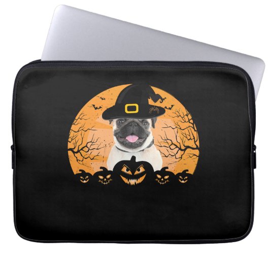 Pug Witch Hat Jack-o-Lantern Dogs Halloween T-Shir Laptopschutzhülle (Vorderseite)