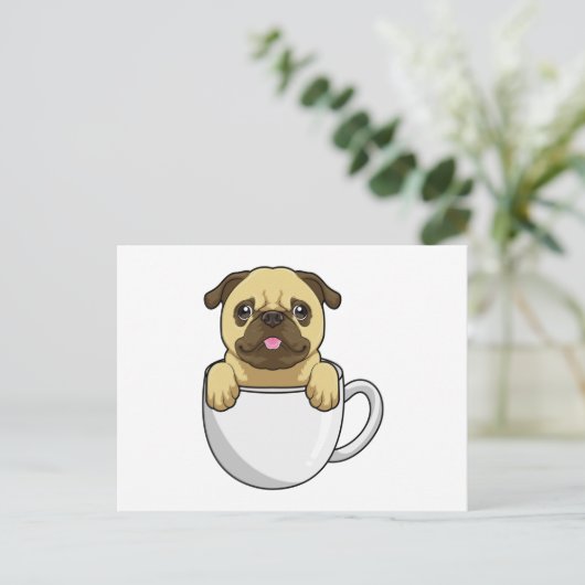 Pug with Cup of Coffee Postkarte (Stehend Vorderseite)