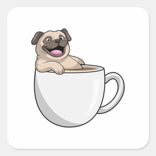Pug with Cup of Coffee Quadratischer Aufkleber (Vorderseite)
