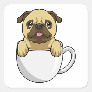 Pug with Cup of Coffee Quadratischer Aufkleber