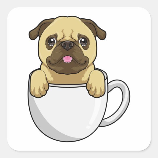Pug with Cup of Coffee Quadratischer Aufkleber (Vorderseite)
