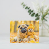 Pug with Plush Toy in Autumn Forest Postkarte (Stehend Vorderseite)