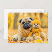 Pug with Plush Toy in Autumn Forest Postkarte (Vorne/Hinten)