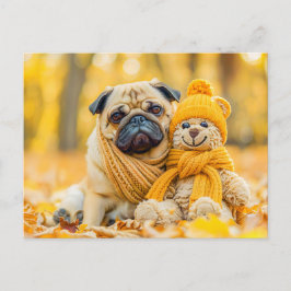 Pug with Plush Toy in Autumn Forest Postkarte