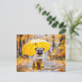 Pug with Umbrella and Boots in Rain Postkarte (Stehend Vorderseite)