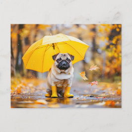 Pug with Umbrella and Boots in Rain Postkarte