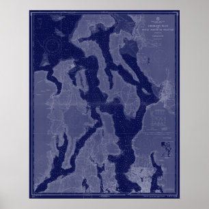 Puget Sound Seattle WA Karte Seekarte Blaue Kunst Poster