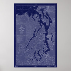 Puget Sound Vintag Map Schöne Karte Blaue Kunst Poster