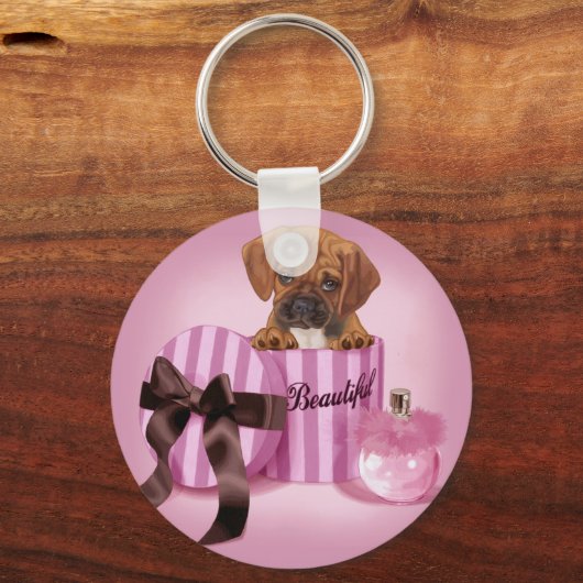 Puggle in Stripy Round Box Schlüsselanhänger (Vorderseite)