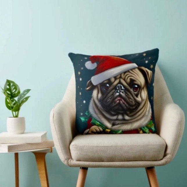 Puggy Claus Collection Kissen (Throw Pillow 100% polyester heavyweight stretch material. Hidden zipper Made in the USA.)