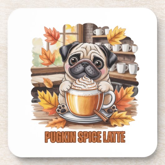 Pugkin Gewürz Latte – Süßes Herbst Pug Kaffee Desi Getränkeuntersetzer (Vorderseite)