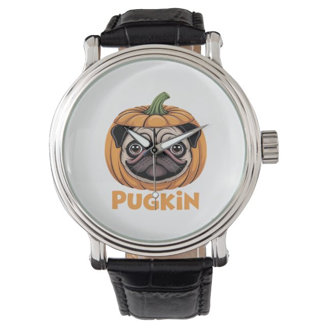 Pugkin Mops Halloween Happy Halloween Oversized T- Armbanduhr (Vorderseite)