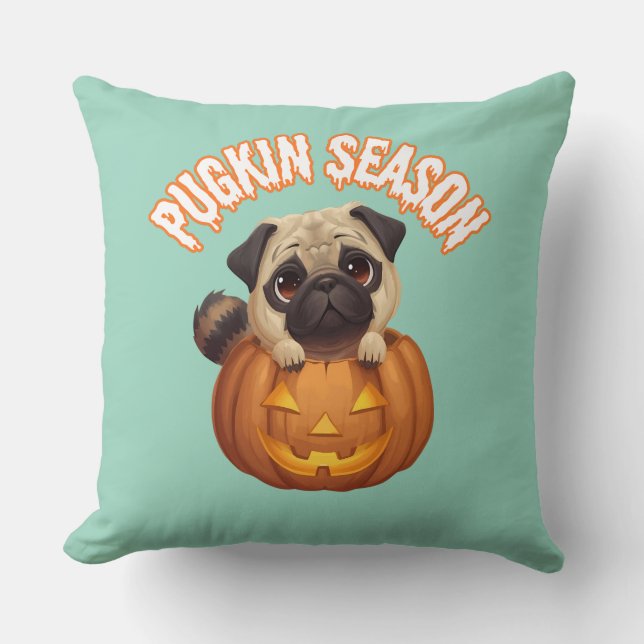 Pugkin Season Niedlich Halloween Mops Throw Kissen (Vorderseite)
