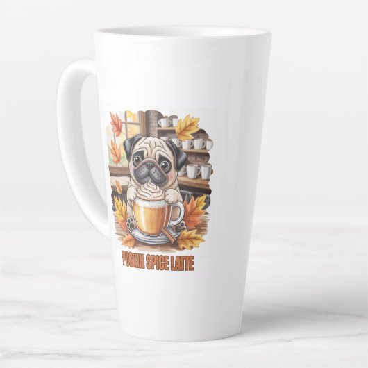 Pugkin Spice Latte – Süßes Herbst-Pug-Kaffeedesign Milchtasse (Linke Ecke)