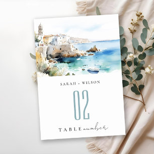 Puglia, Italien Aquarell-Landschaft Hochzeit Tischnummer