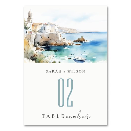 Puglia, Italy Watercolor Landscape Wedding Tischnummer (Vorderseite)