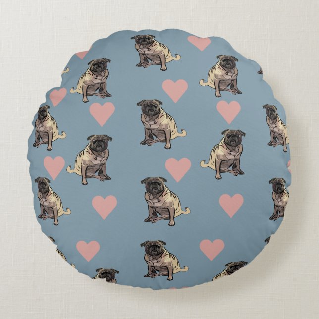 Pugs & hearts rundes kissen (Vorderseite)
