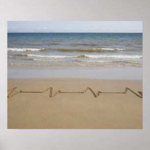 Puls/Herzfrequenz gezeichnet in Sand am Strand Poster