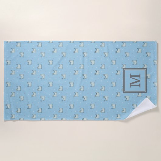 Pulver Blaue Katzen Muster mit Monogramm Strandtuch (Vorderseite)