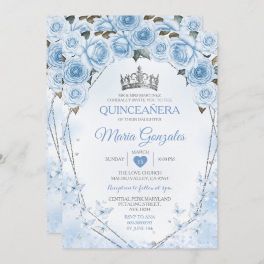 Pulver Blauer Kronenschmetterling 15 Anos Einladung (Vorne/Hinten)