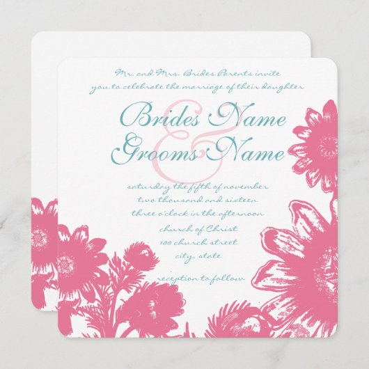 Pulver Blauer und Rosa Vintage Blumenzehen Einladung (Vorne/Hinten)