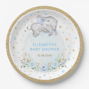 Pulver Blue Gold Rose Elephant Baby Boy Dusche Pappteller