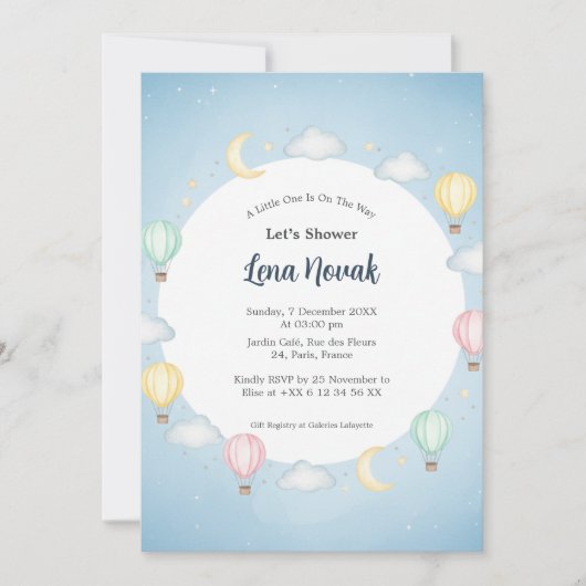 Pulver Blue Hot Air Ballon Babydusche Einladung (Vorderseite)