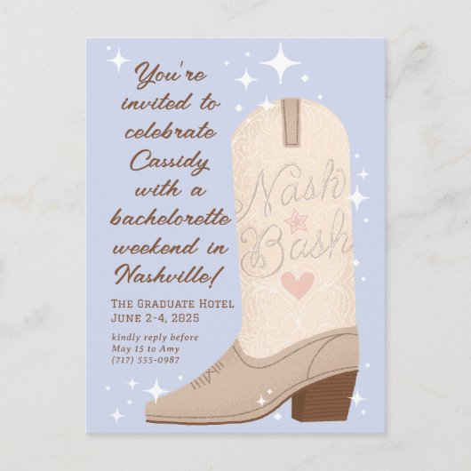 Pulver Blue Nash Bash Cowgirl Boot Bachelorette Postkarte (Vorderseite)