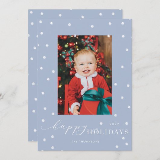 Pulver Blue Pompom Polka Dot Foto Holiday Card Einladung (Vorne/Hinten)