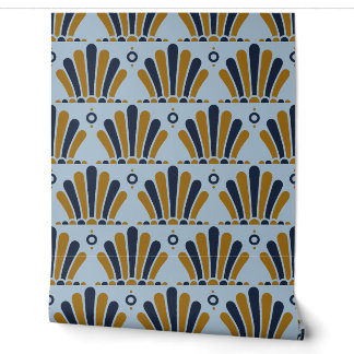 Pulverblau, Navy und Ocker Art Deco Federfächer Tapete