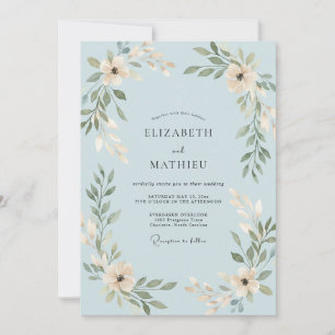 Pulverblaue Blatt Hochzeit Einladung