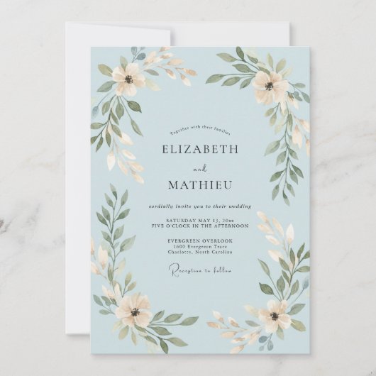 Pulverblaue Blatt Hochzeit Einladung (Vorderseite)