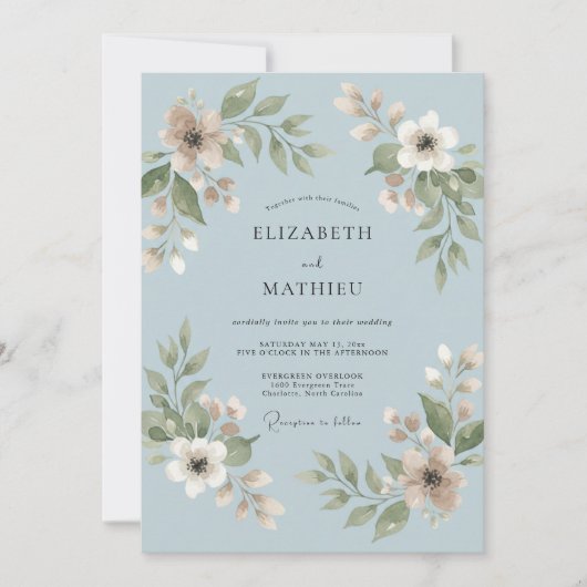 Pulverblaue Blatt Hochzeit Einladung (Vorderseite)