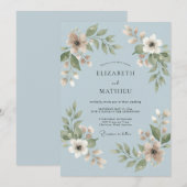 Pulverblaue Blatt Hochzeit Einladung (Vorne/Hinten)