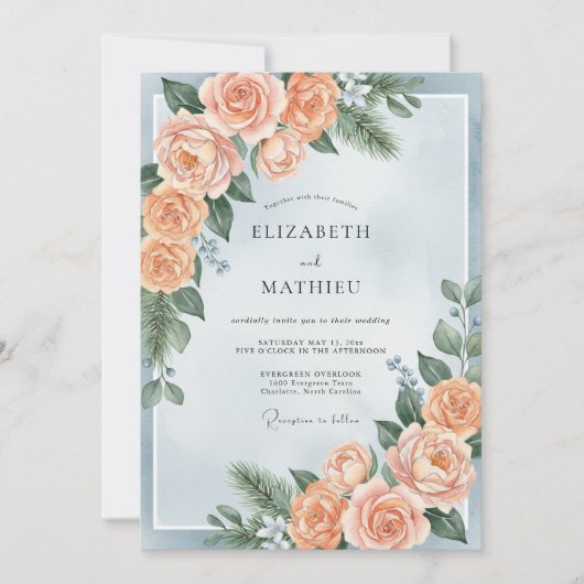 Pulverblaue botanische Winterhochzeit Einladung (Vorderseite)