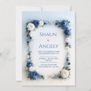Pulverblaue Elfenbein-Blumenrand-Hochzeit Einladung