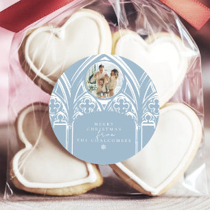 Pulverblaue gotische Burg Familienfoto Weihnachten Runder Aufkleber