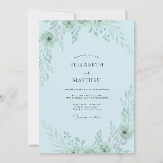 Pulverblaue Grüne Hochzeit Einladung (Vorderseite)