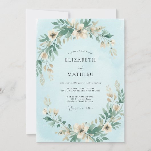 Pulverblaue Kranzhochzeit Einladung (Vorderseite)
