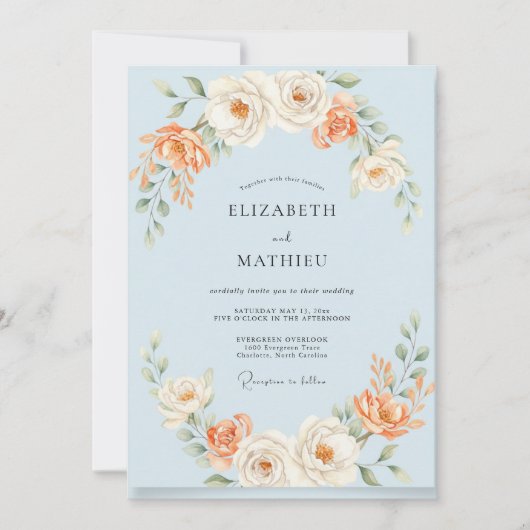 Pulverblaue Pfirsichbemalte Hochzeit Einladung (Vorderseite)