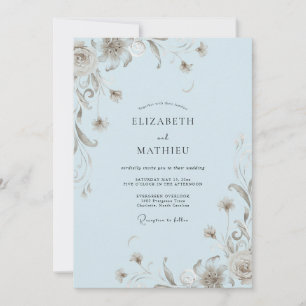 Pulverblaue Taupe-Reben-Hochzeit Einladung