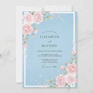 Pulverblaue warme Rosenhochzeit Einladung