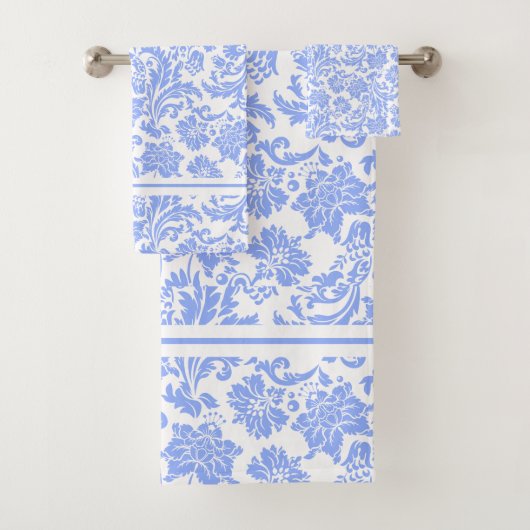 Pulverfarbe Blau und weiße Floral Damast Badhandtuch Set (Insitu)