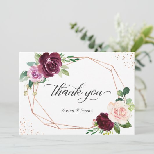 Pum Lila Blush Floral Moderne geometrische Hochzei Dankeskarte (Stehend Vorderseite)