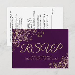 Pum Lila & elegant Gold Lace Frilly Wedding RSVP Karte