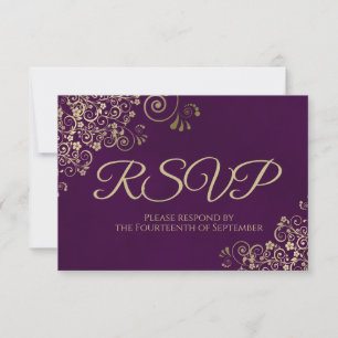Pum Lila & elegant Gold Lace Frilly Wedding RSVP Karte