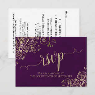 Pum Lila Gold Lace Elegante Calligrafy Wedding RSVP Karte