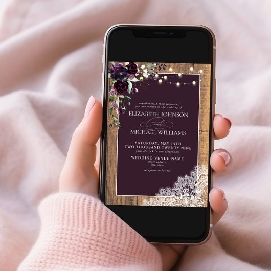 Pum Lila Rustic Wood Spitzen Skript Hochzeit Invit Einladung