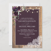 Pum Lila Rustic Wood Spitzen Skript Hochzeit Invit Einladung (Vorderseite)